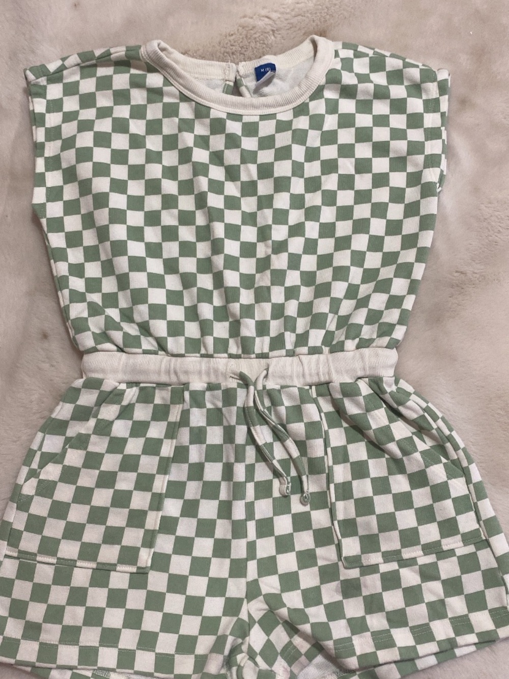 Old Navy Sage Green & White Checkerboard Drawstring Waist Dress Romper